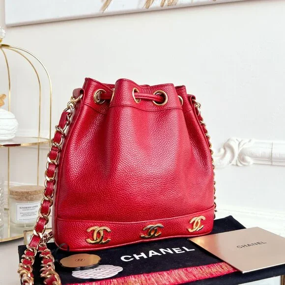 Authentic Chanel CC Bucket Mini Triple coco mark Shoulder Crossbody red B0970 - Picture 8 of 16